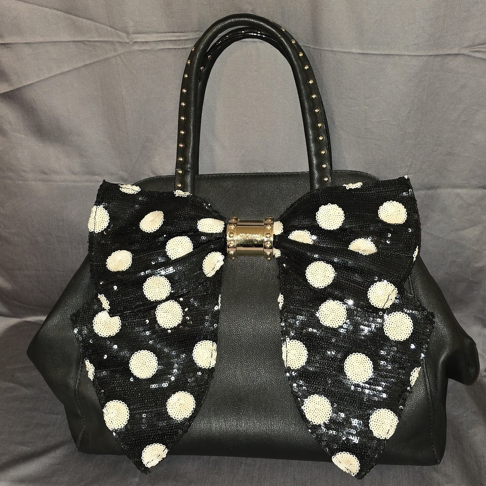 Betsey Johnson Black Satchel with White Polka Dot Bow